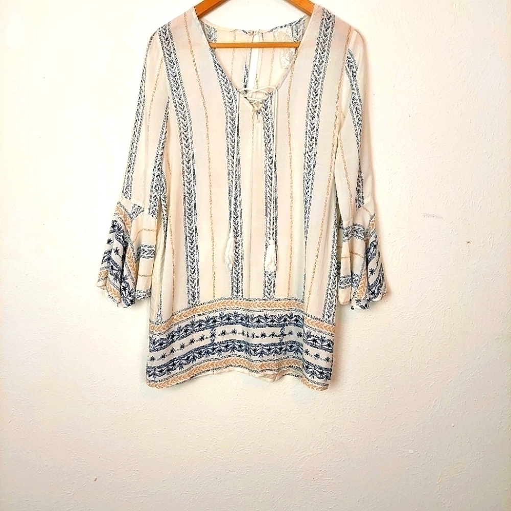 Sadie & Sage Size S Floal Stripe V-neck 3/4 Bell Sleeve Beach Boho‎ Blouse Tunic
